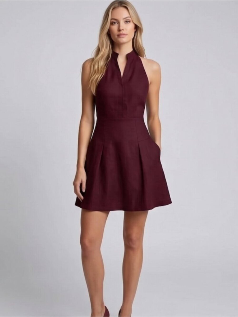 Notch-Neck Pleated Mini Dress in Burgundy